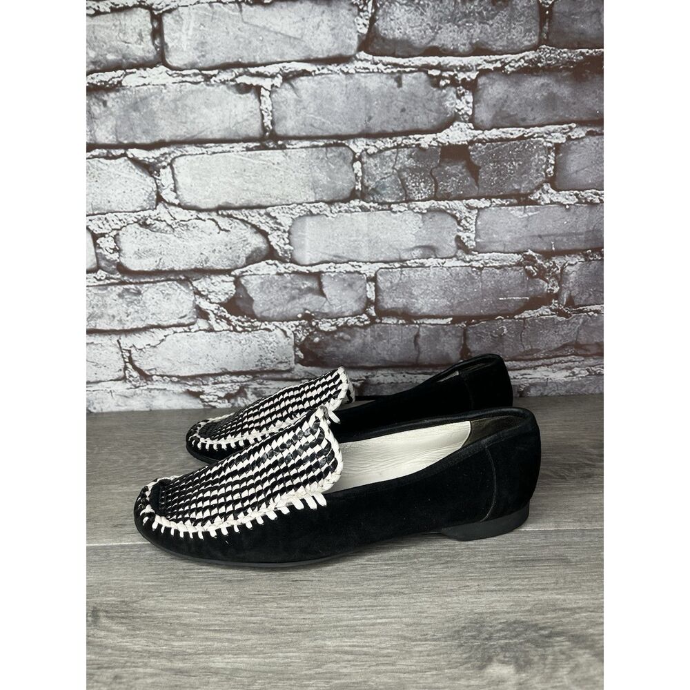 Stephane Kelian Paris Flight Woven Black Suede White Flats Women Sz 8.5B US/39EU